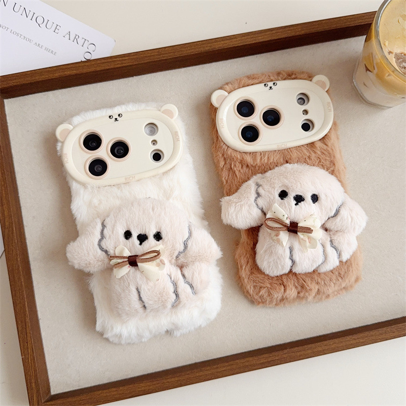 Phone Cases Iphone 11 - 3D Cartoon Bowknot Puppy Warm Fluffy